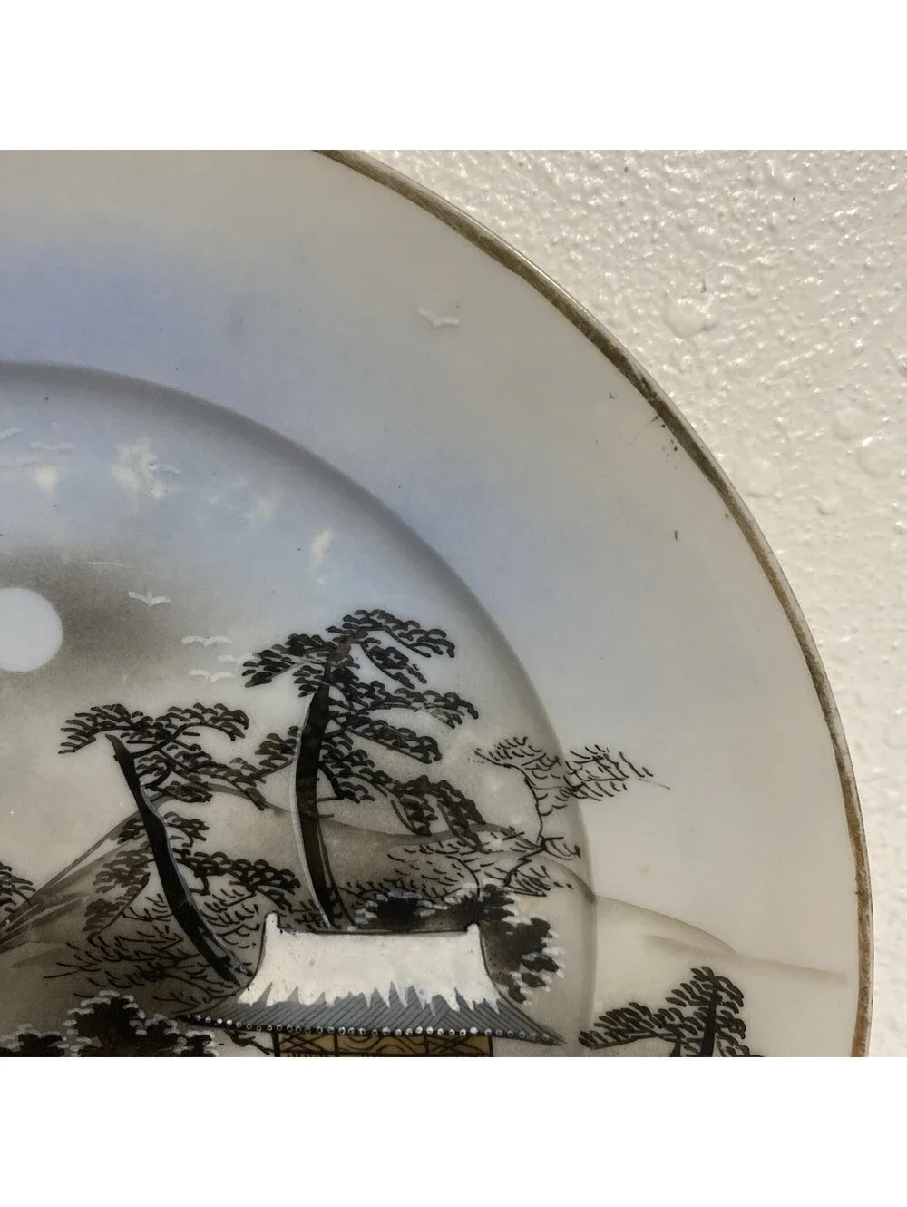 Plate Kutani Japanese House Trees Mountains Sailboats 9.5 Texture Seagulls